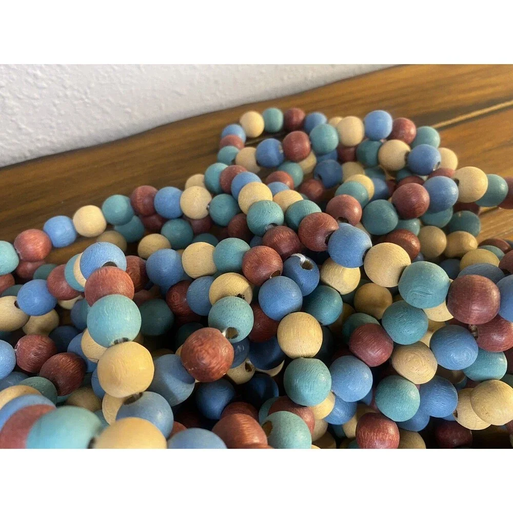 Christmas Wooden Bead Garland Primitive Rustic 4 Strands 8’ Holiday Tree Decor